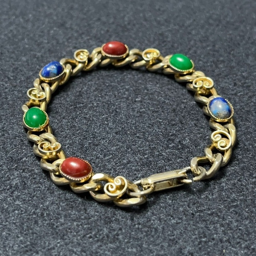 Vintage Chain Link Cabochon Bracelet Gold Tone Blue Green Red